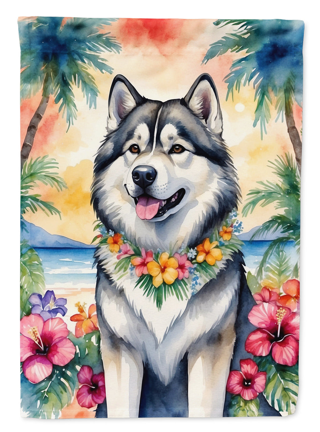 Alaskan Malamute Luau House Flag 28x40 Porch Sleeve Pole Decorative Outside Yard Banner Artwork Wall Hanging, Polyester