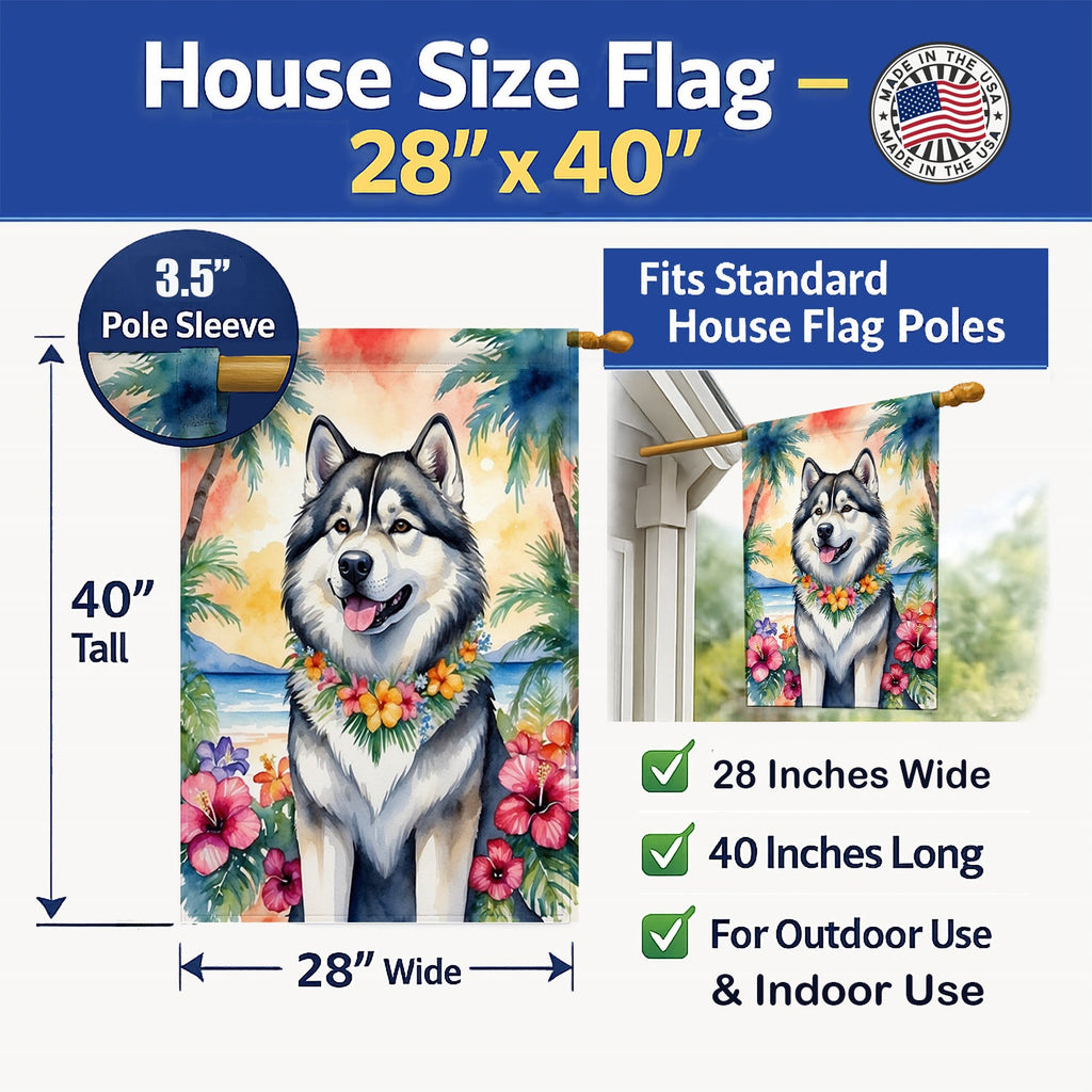 Alaskan Malamute Luau House Flag 28x40 Porch Sleeve Pole Decorative Outside Yard Banner Artwork Wall Hanging, Polyester