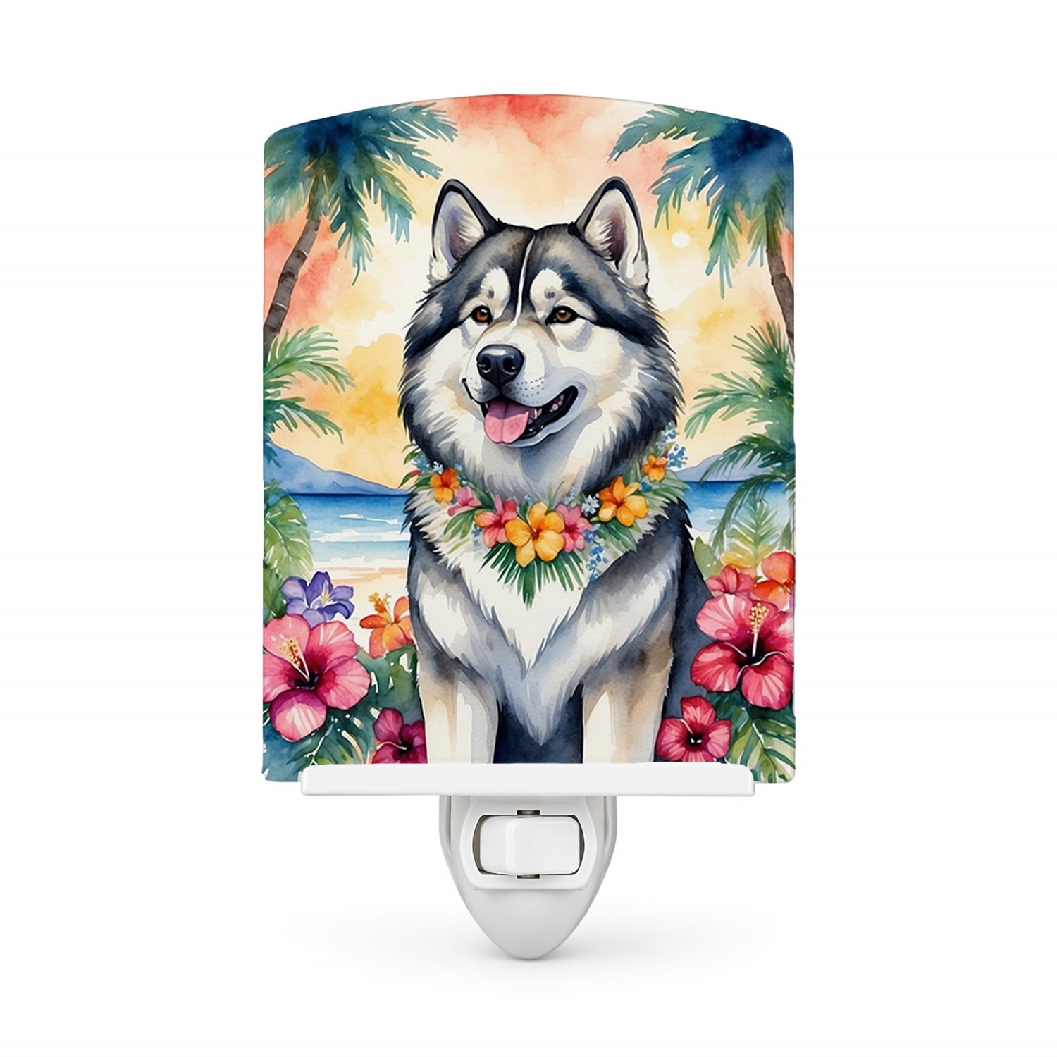 Alaskan Malamute Luau Ceramic Night Light Compact, UL-Certified, Ideal for Bedroom, Bathroom, Nursery, Hallway, Kitchen, 6x4x3, Multicolor