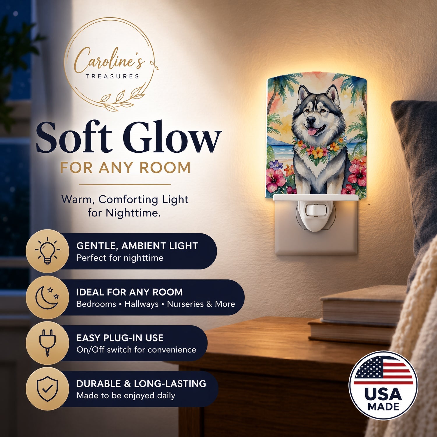 Alaskan Malamute Luau Ceramic Night Light Compact, UL-Certified, Ideal for Bedroom, Bathroom, Nursery, Hallway, Kitchen, 6x4x3, Multicolor