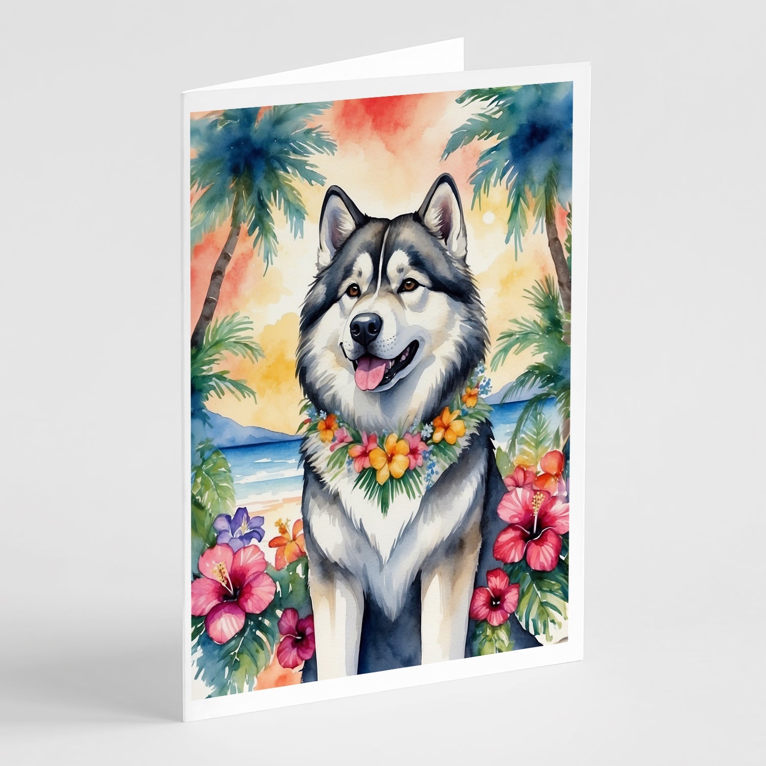 Alaskan Malamute Luau Greeting Cards Pack of 8 Blank Cards with Envelopes Whimsical A7 Size 5x7