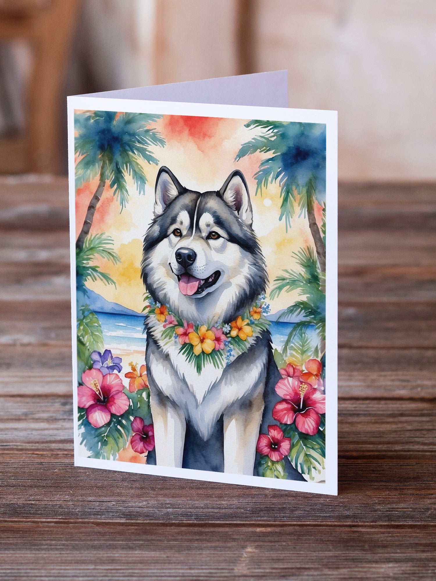 Alaskan Malamute Luau Greeting Cards Pack of 8 Blank Cards with Envelopes Whimsical A7 Size 5x7