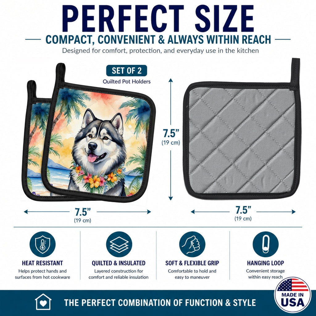 Alaskan Malamute Luau Pot Holder Set of 2 Heat Resistant Quilted Hot Pads 7.5 x 7.5 Inch, Insulated Kitchen Trivets for Cooking & Baking