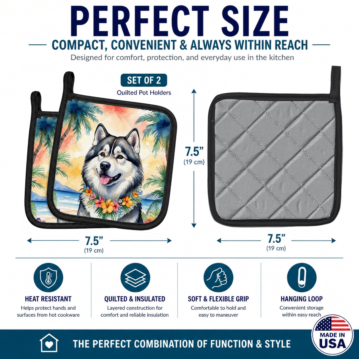 Alaskan Malamute Luau Pot Holder Set of 2 Heat Resistant Quilted Hot Pads 7.5 x 7.5 Inch, Insulated Kitchen Trivets for Cooking & Baking