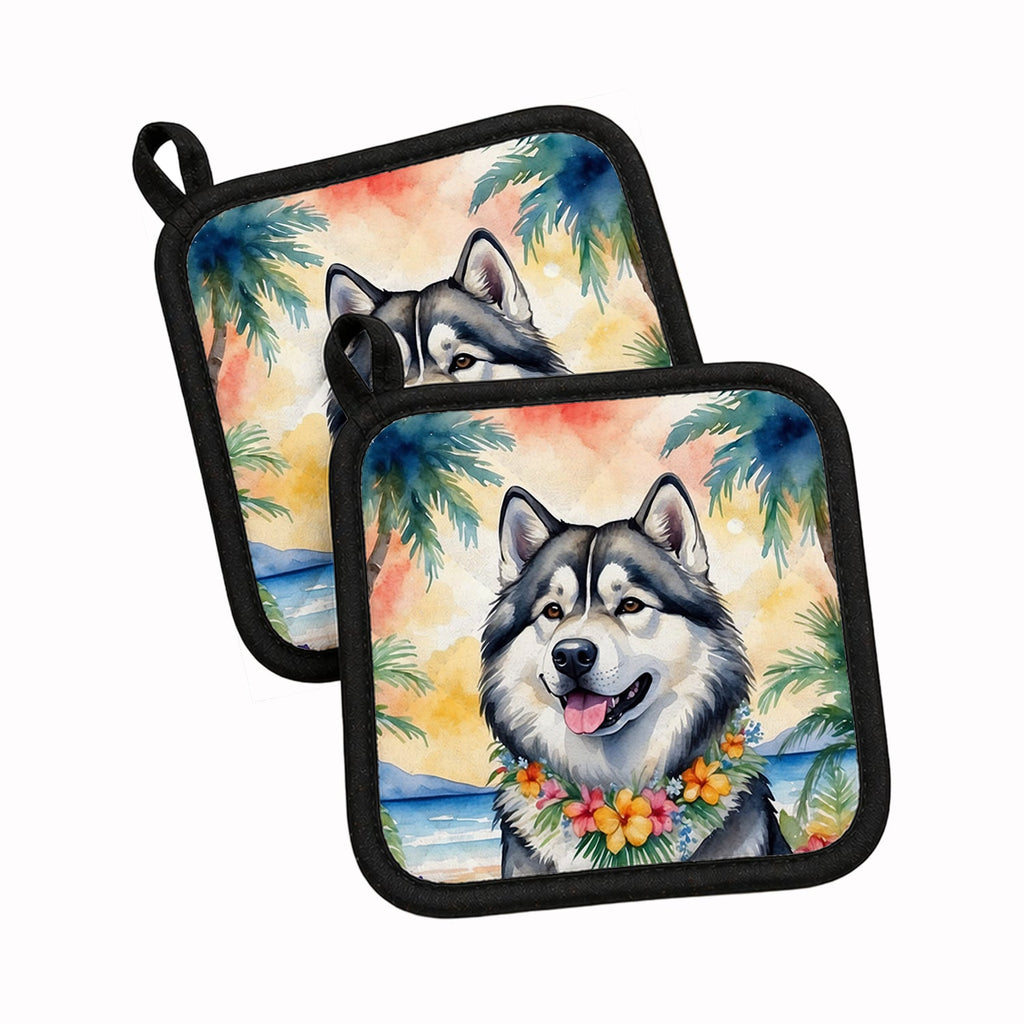 Alaskan Malamute Luau Pot Holder Set of 2 Heat Resistant Quilted Hot Pads 7.5 x 7.5 Inch, Insulated Kitchen Trivets for Cooking & Baking