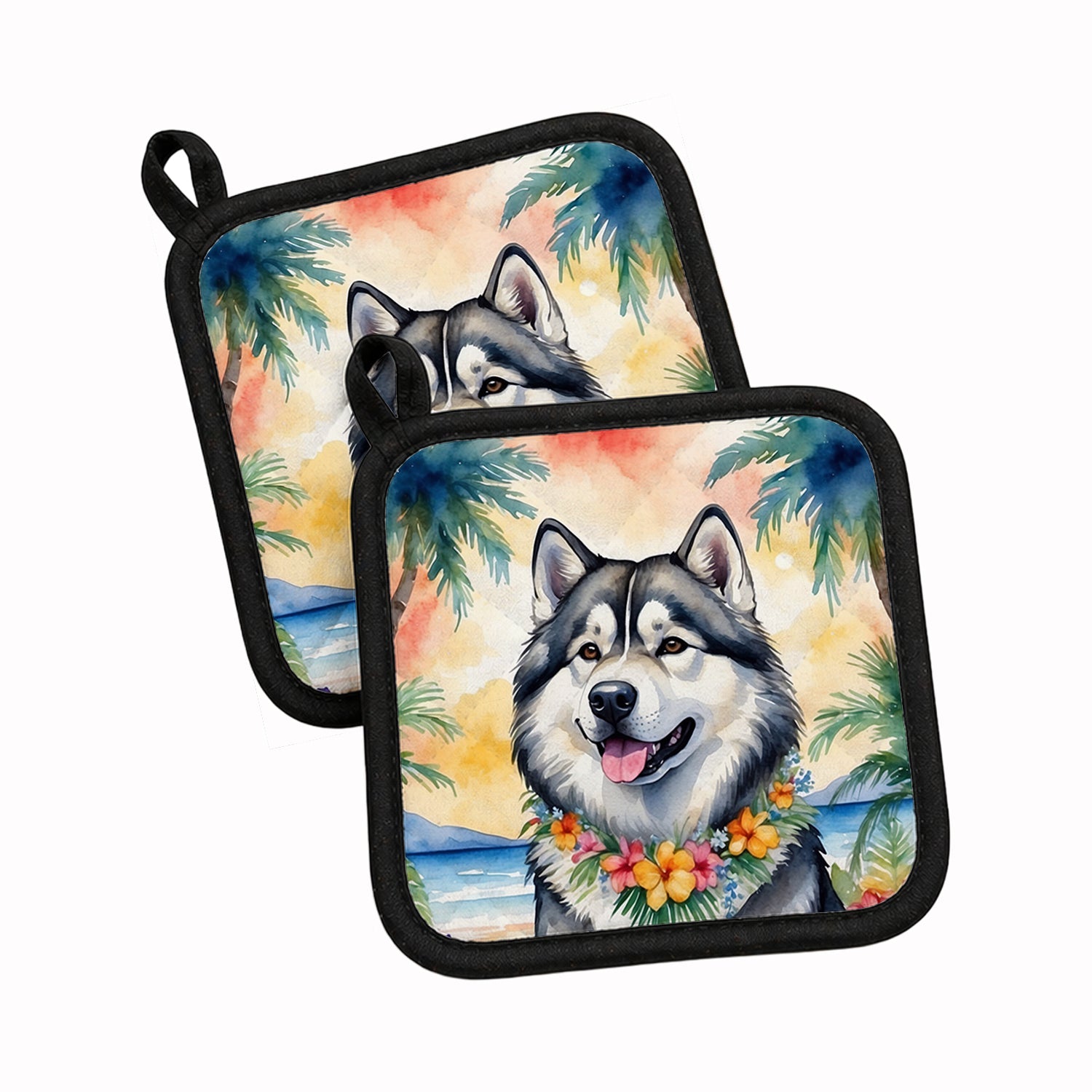 Alaskan Malamute Luau Pot Holder Set of 2 Heat Resistant Quilted Hot Pads 7.5 x 7.5 Inch, Insulated Kitchen Trivets for Cooking & Baking