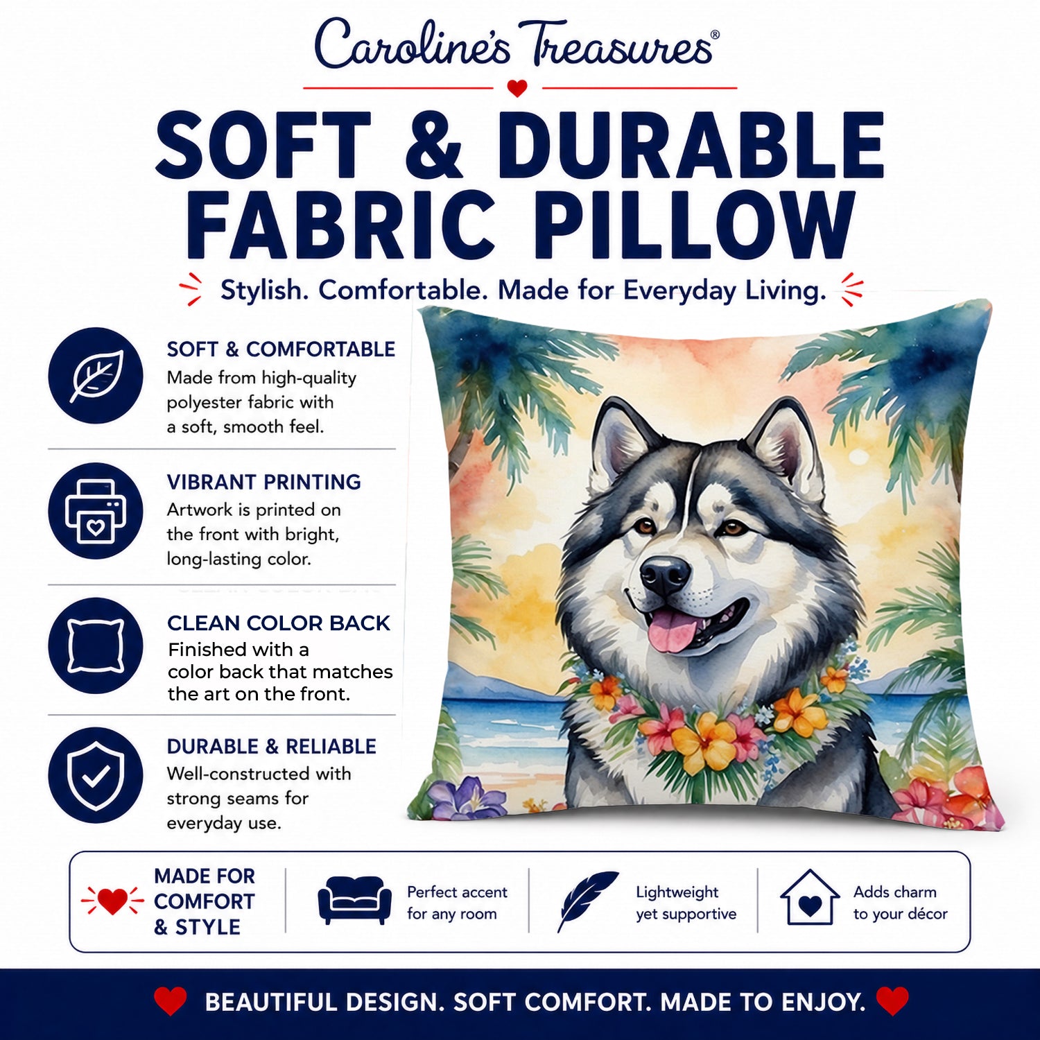 Alaskan Malamute Luau Decorative Throw Pillow 14x14 Indoor Outdoor Accent Cushion, Fabric Cover with Insert for Sofa, Bed, Porch & Living Room