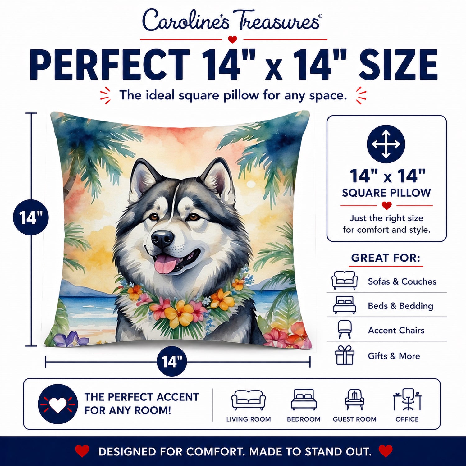 Alaskan Malamute Luau Decorative Throw Pillow 14x14 Indoor Outdoor Accent Cushion, Fabric Cover with Insert for Sofa, Bed, Porch & Living Room