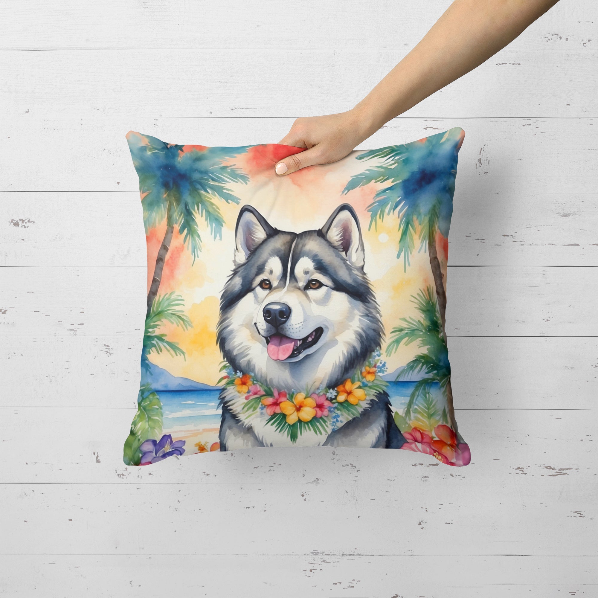 Alaskan Malamute Luau Decorative Throw Pillow 18x18 Indoor Outdoor Accent Cushion, Fabric Cover with Insert for Sofa, Bed, Porch & Living Room