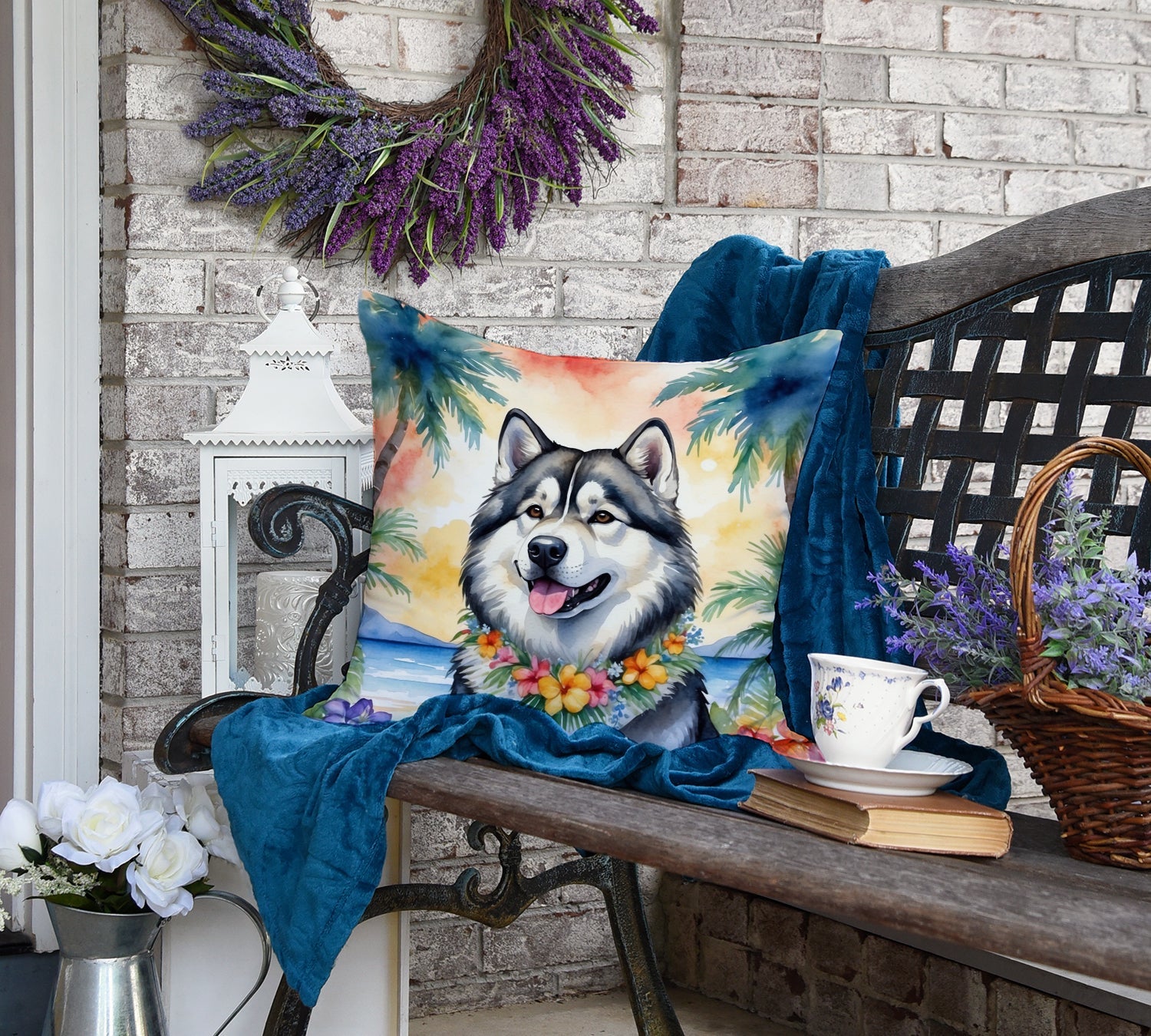 Alaskan Malamute Luau Decorative Throw Pillow 18x18 Indoor Outdoor Accent Cushion, Fabric Cover with Insert for Sofa, Bed, Porch & Living Room