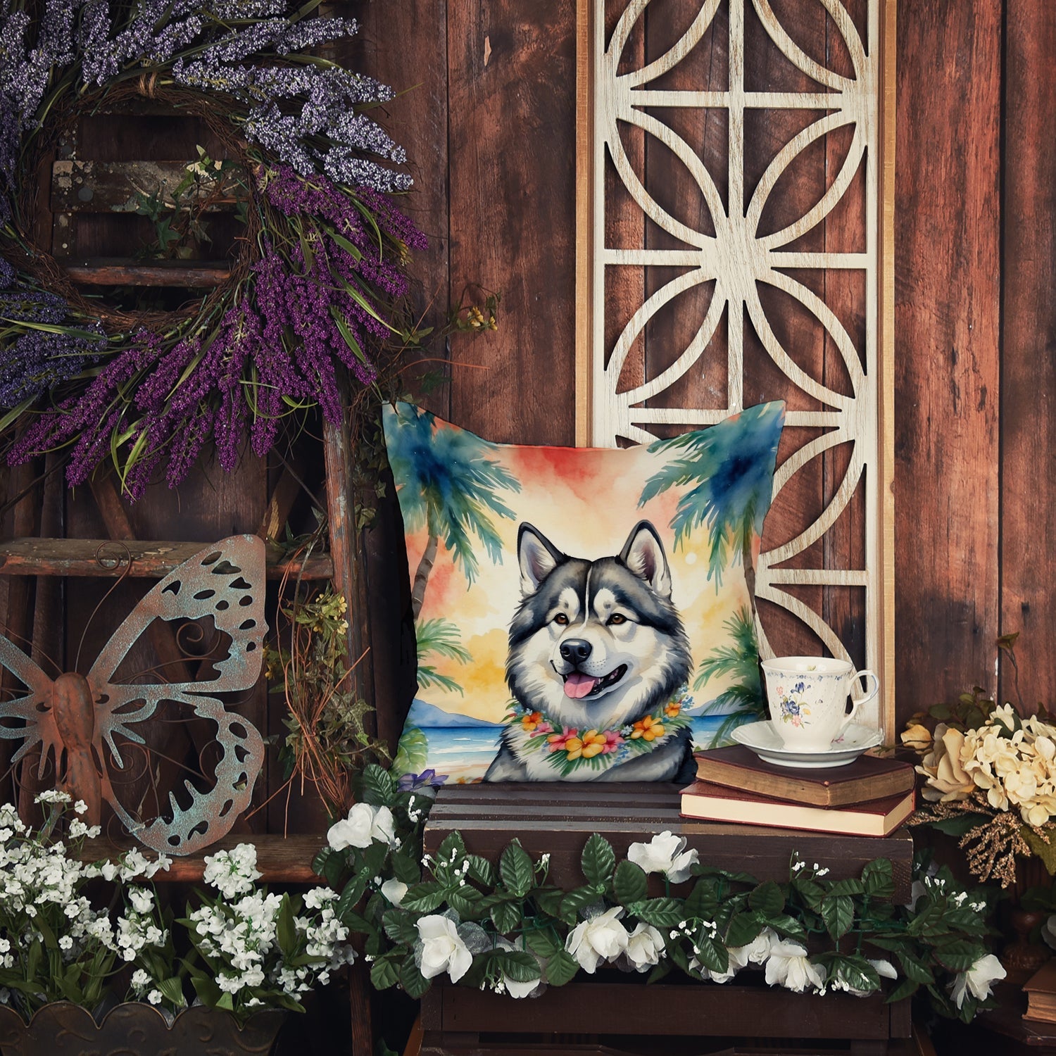 Alaskan Malamute Luau Decorative Throw Pillow 18x18 Indoor Outdoor Accent Cushion, Fabric Cover with Insert for Sofa, Bed, Porch & Living Room