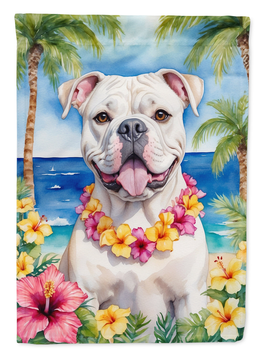 American Bulldog Luau House Flag 28x40 Porch Sleeve Pole Decorative Outside Yard Banner Artwork Wall Hanging, Polyester