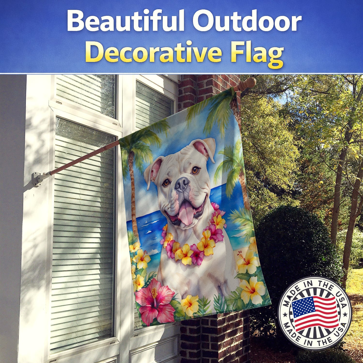 American Bulldog Luau House Flag 28x40 Porch Sleeve Pole Decorative Outside Yard Banner Artwork Wall Hanging, Polyester