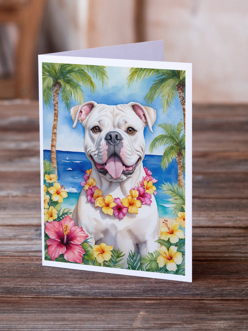 American Bulldog Luau Greeting Cards Pack of 8 Blank Cards with Envelopes Whimsical A7 Size 5x7