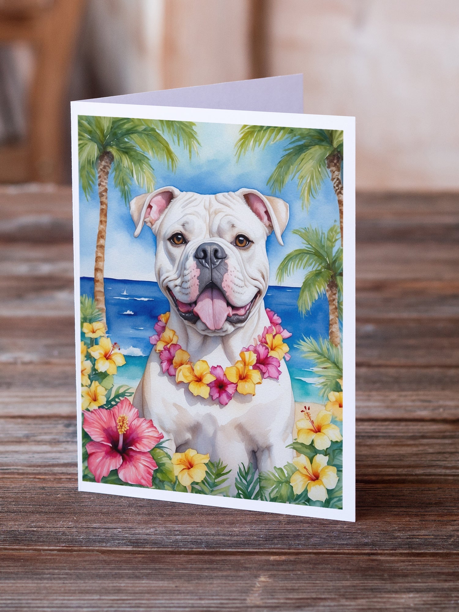 American Bulldog Luau Greeting Cards Pack of 8 Blank Cards with Envelopes Whimsical A7 Size 5x7