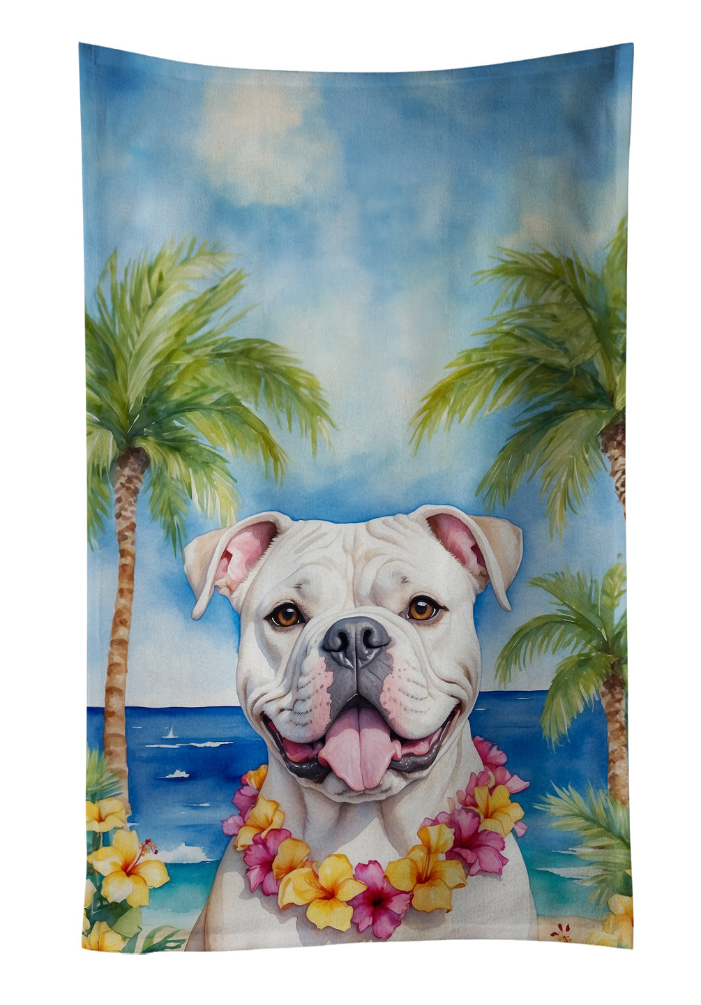 American Bulldog Luau Kitchen Towel Velour Plush Front and Cotton Loop Back Machine Washable
