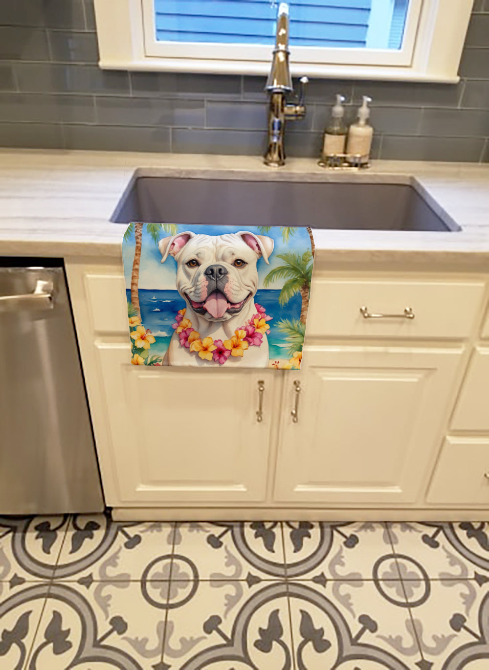 American Bulldog Luau Kitchen Towel Velour Plush Front and Cotton Loop Back Machine Washable