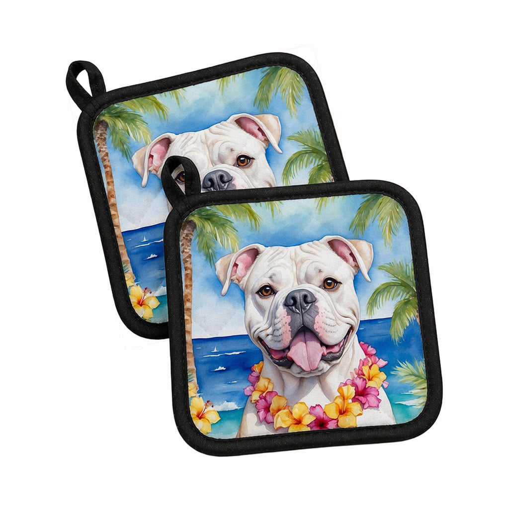 American Bulldog Luau Pot Holder Set of 2 Heat Resistant Quilted Hot Pads 7.5 x 7.5 Inch, Insulated Kitchen Trivets for Cooking & Baking