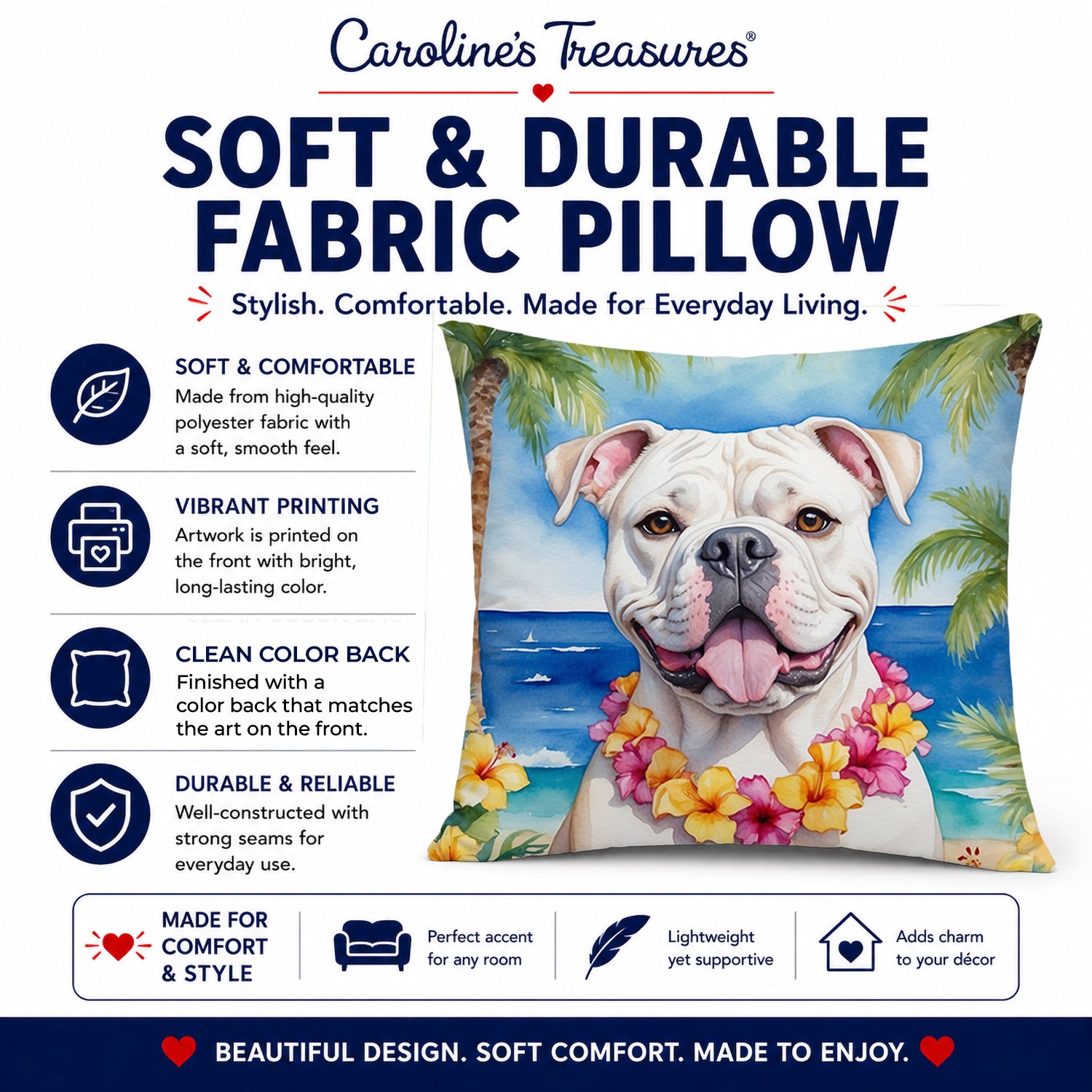 American Bulldog Luau Decorative Throw Pillow 14x14 Indoor Outdoor Accent Cushion, Fabric Cover with Insert for Sofa, Bed, Porch & Living Room