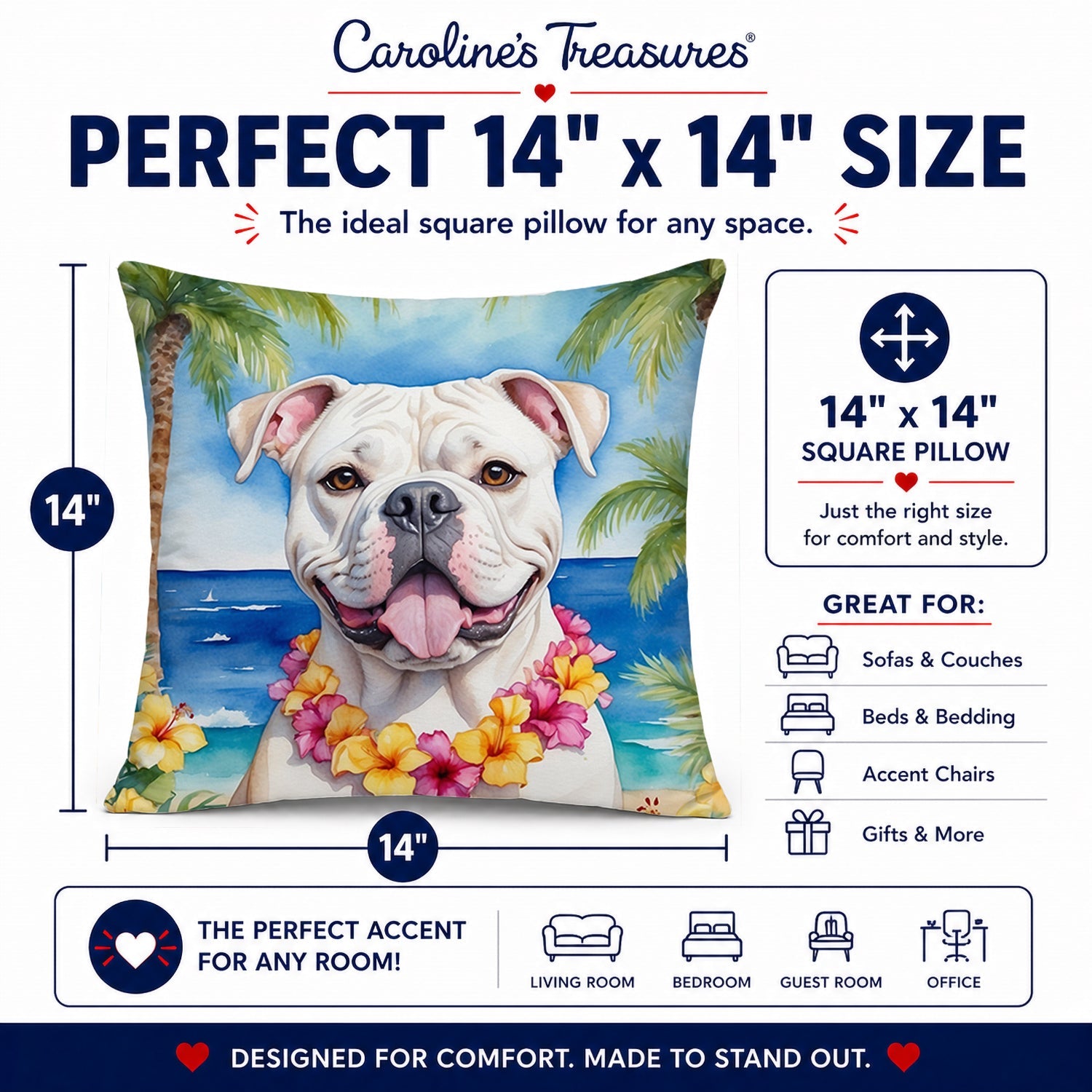 American Bulldog Luau Decorative Throw Pillow 14x14 Indoor Outdoor Accent Cushion, Fabric Cover with Insert for Sofa, Bed, Porch & Living Room