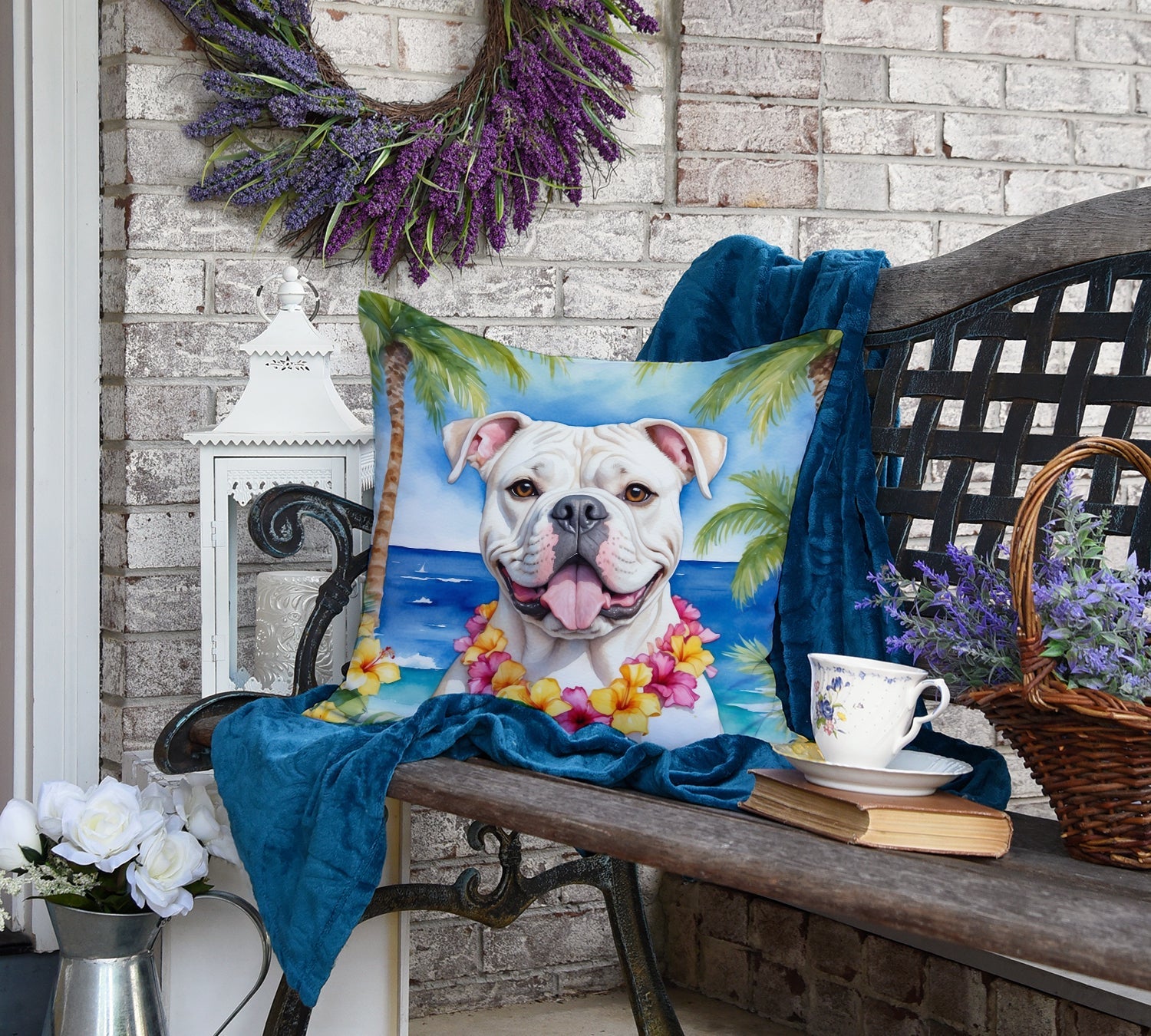 American Bulldog Luau Decorative Throw Pillow 18x18 Indoor Outdoor Accent Cushion, Fabric Cover with Insert for Sofa, Bed, Porch & Living Room