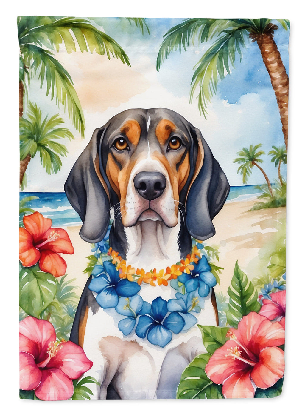 American English Coonhound Luau House Flag 28x40 Porch Sleeve Pole Decorative Outside Yard Banner Artwork Wall Hanging, Polyester