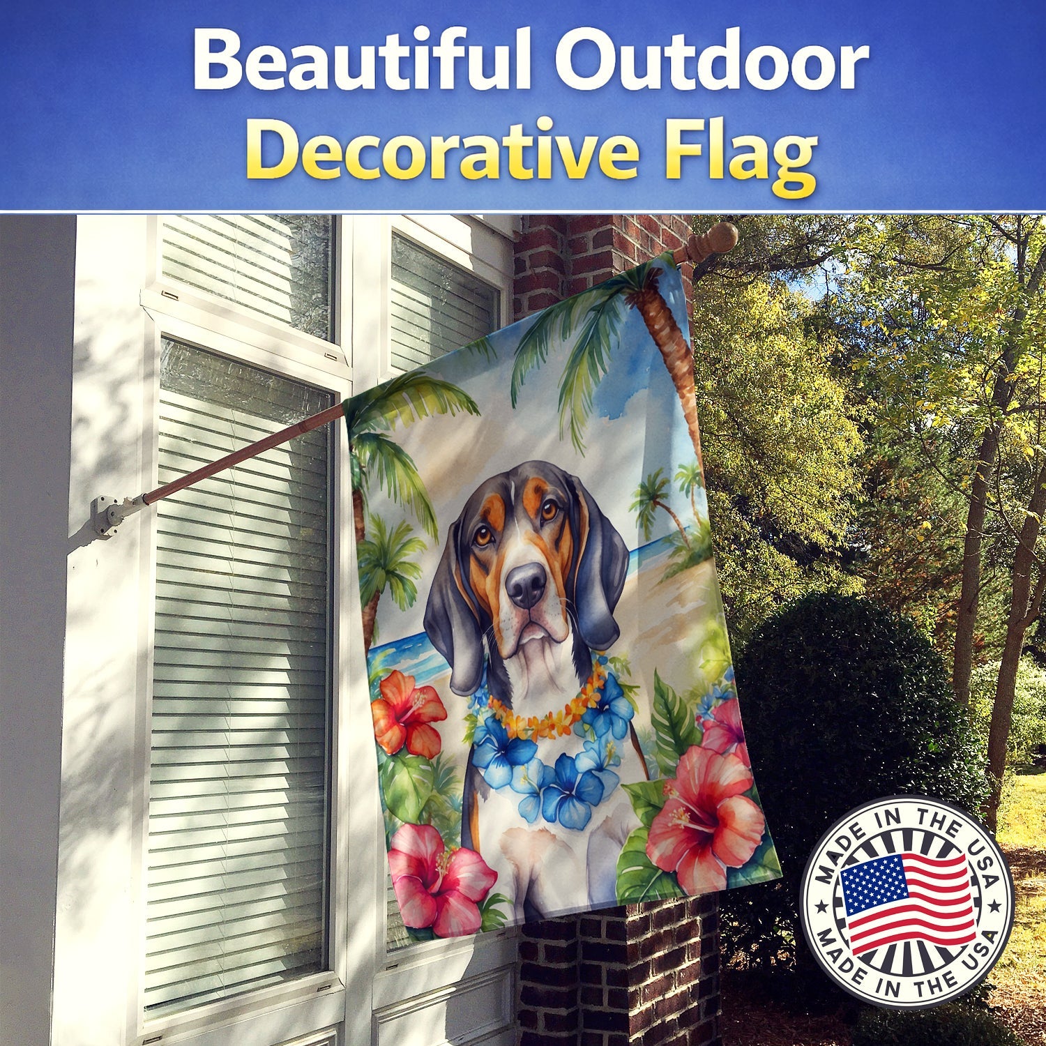 American English Coonhound Luau House Flag 28x40 Porch Sleeve Pole Decorative Outside Yard Banner Artwork Wall Hanging, Polyester