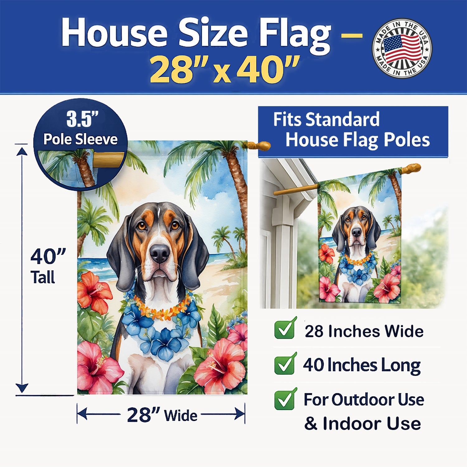 American English Coonhound Luau House Flag 28x40 Porch Sleeve Pole Decorative Outside Yard Banner Artwork Wall Hanging, Polyester