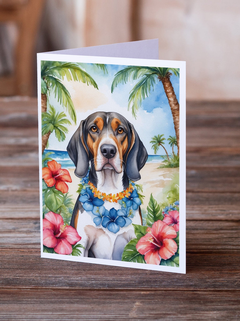 American English Coonhound Luau Greeting Cards Pack of 8 Blank Cards with Envelopes Whimsical A7 Size 5x7