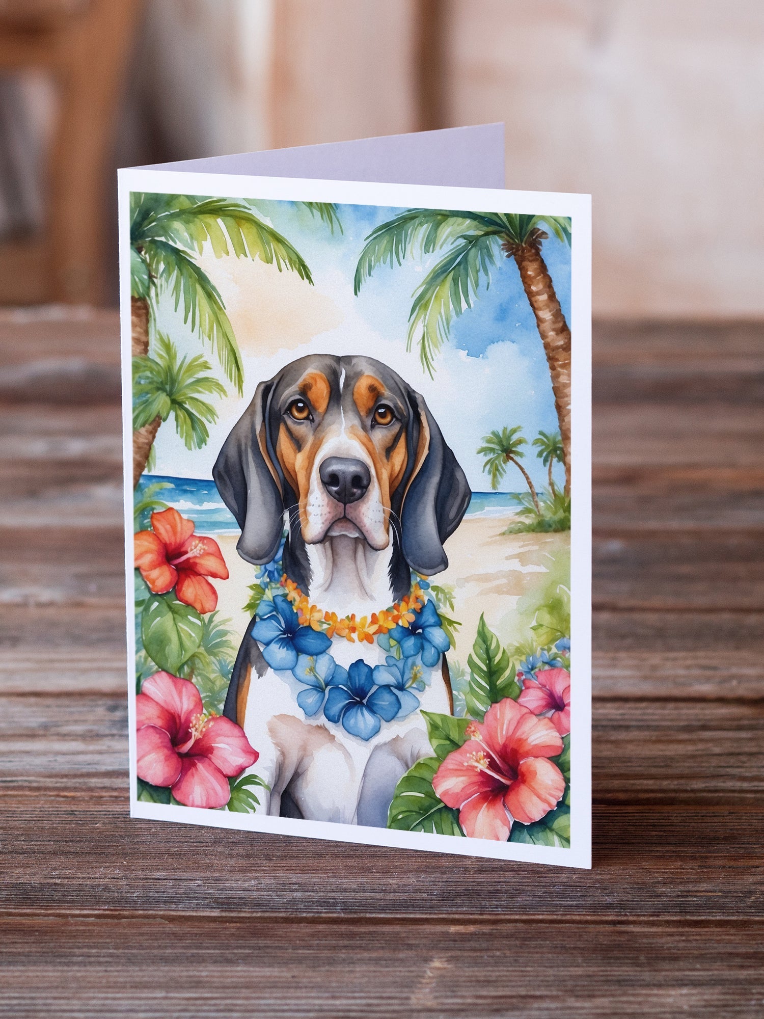 American English Coonhound Luau Greeting Cards Pack of 8 Blank Cards with Envelopes Whimsical A7 Size 5x7