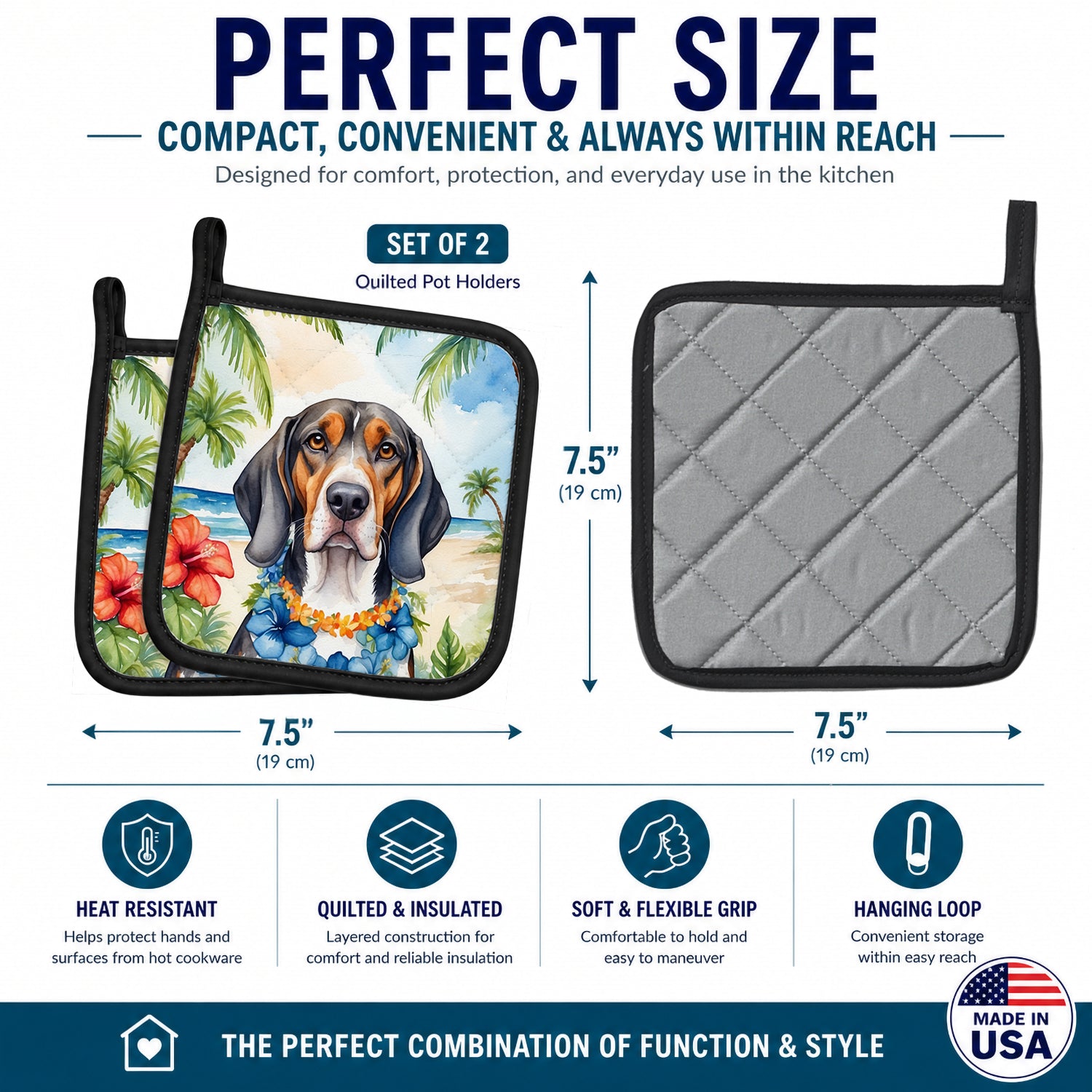 American English Coonhound Luau Pot Holder Set of 2 Heat Resistant Quilted Hot Pads 7.5 x 7.5 Inch, Insulated Kitchen Trivets for Cooking & Baking