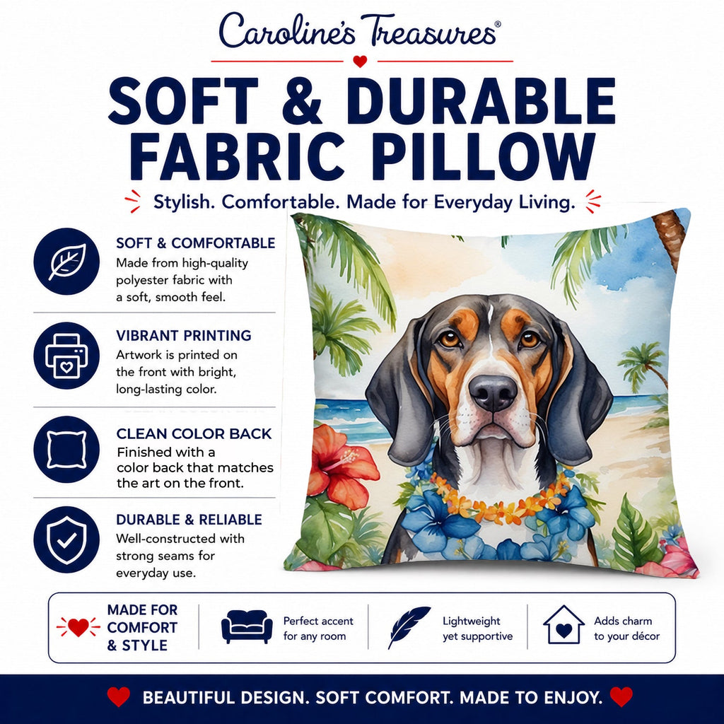 American English Coonhound Luau Decorative Throw Pillow 14x14 Indoor Outdoor Accent Cushion, Fabric Cover with Insert for Sofa, Bed, Porch & Living Room