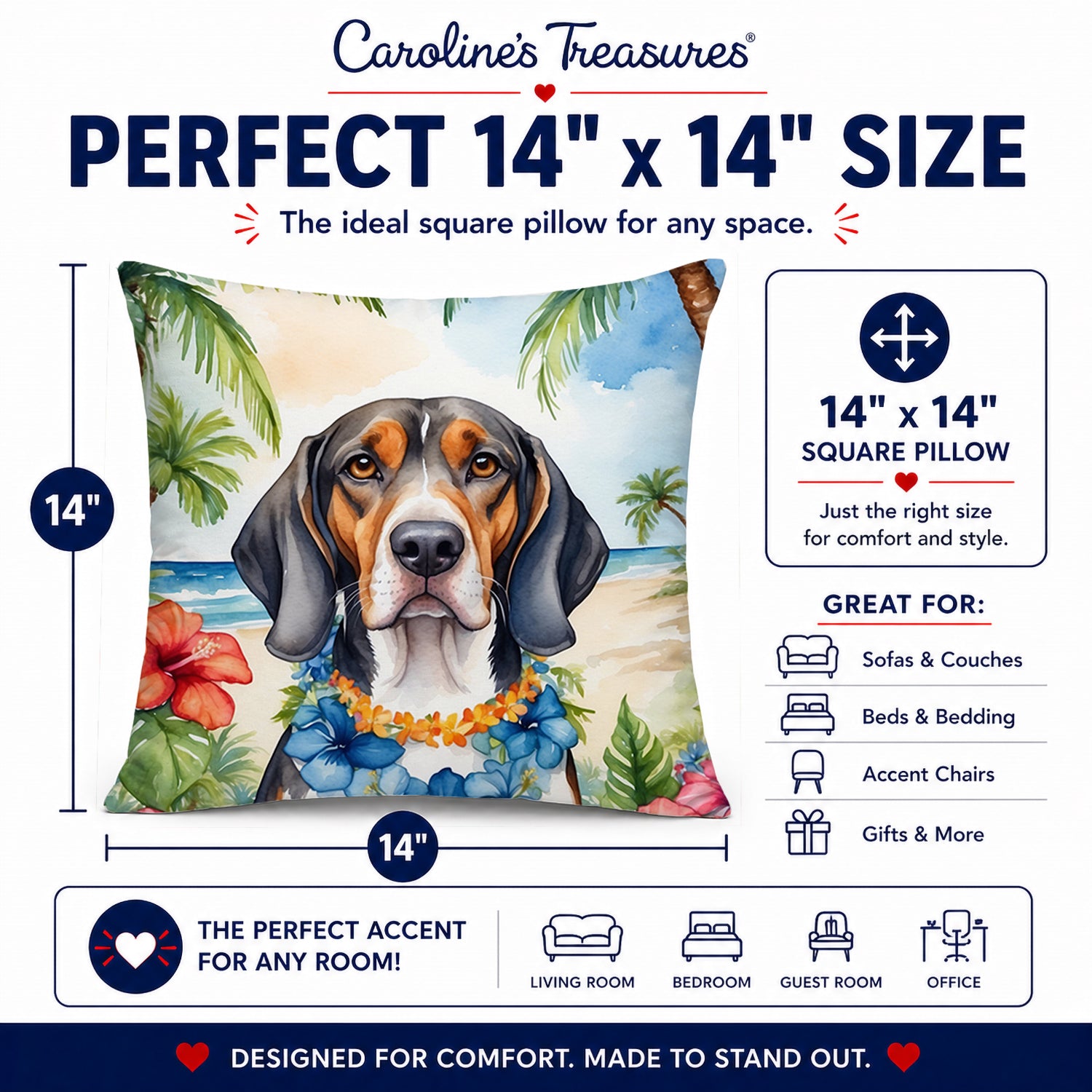 American English Coonhound Luau Decorative Throw Pillow 14x14 Indoor Outdoor Accent Cushion, Fabric Cover with Insert for Sofa, Bed, Porch & Living Room