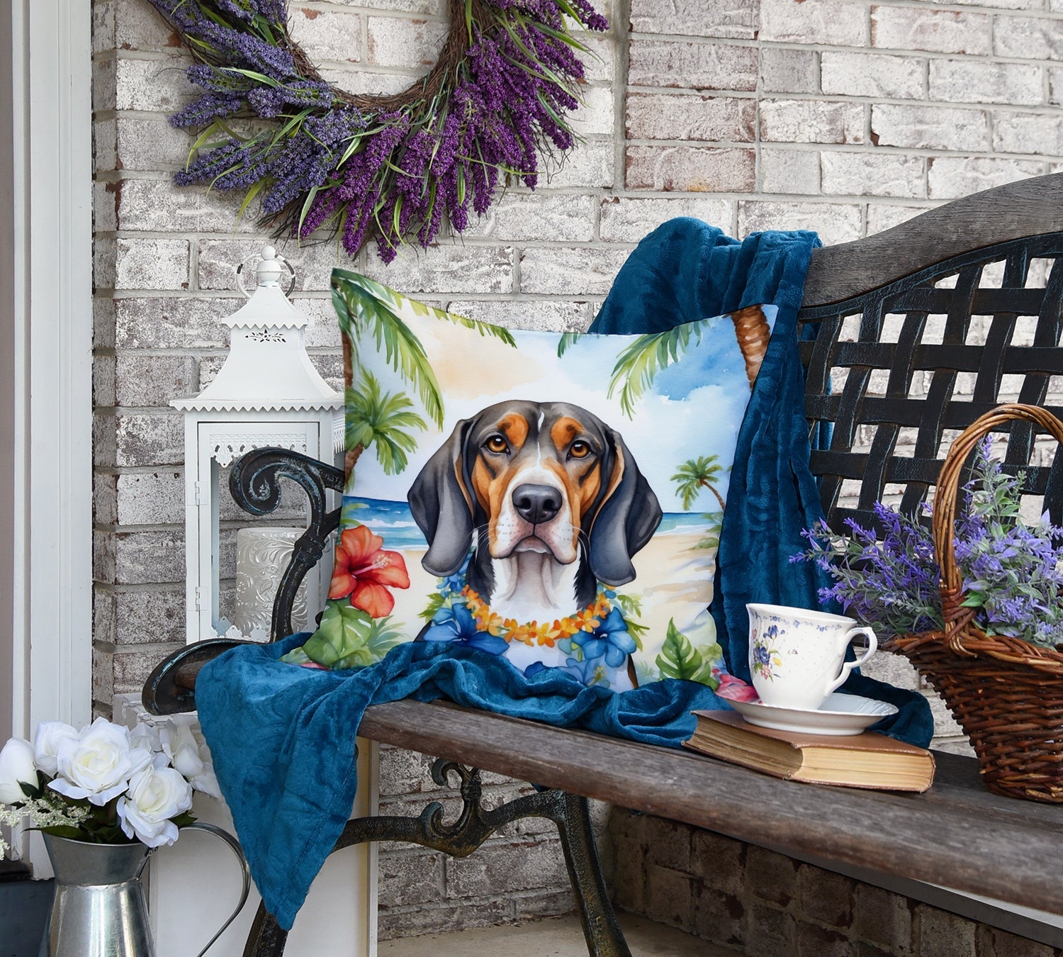 American English Coonhound Luau Decorative Throw Pillow 18x18 Indoor Outdoor Accent Cushion, Fabric Cover with Insert for Sofa, Bed, Porch & Living Room