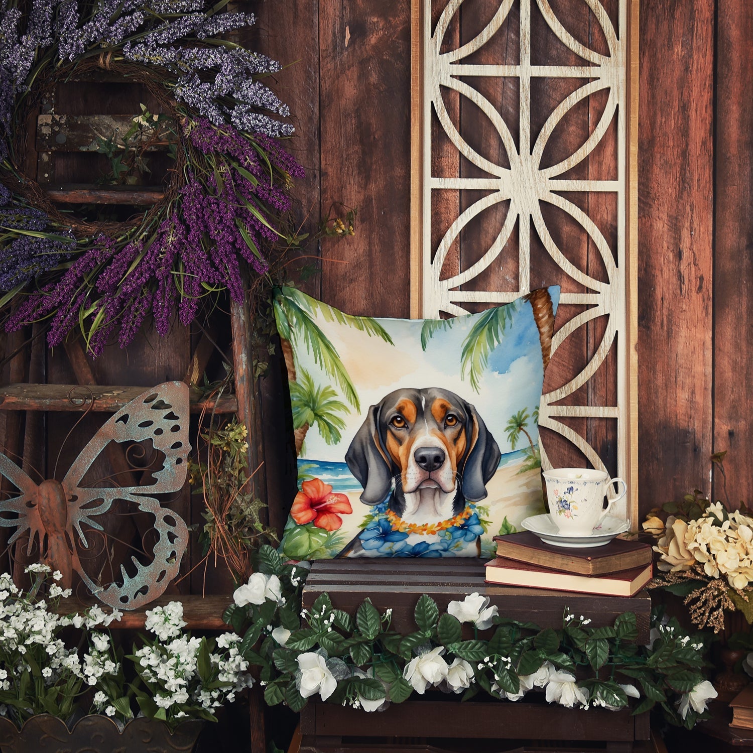 American English Coonhound Luau Decorative Throw Pillow 18x18 Indoor Outdoor Accent Cushion, Fabric Cover with Insert for Sofa, Bed, Porch & Living Room
