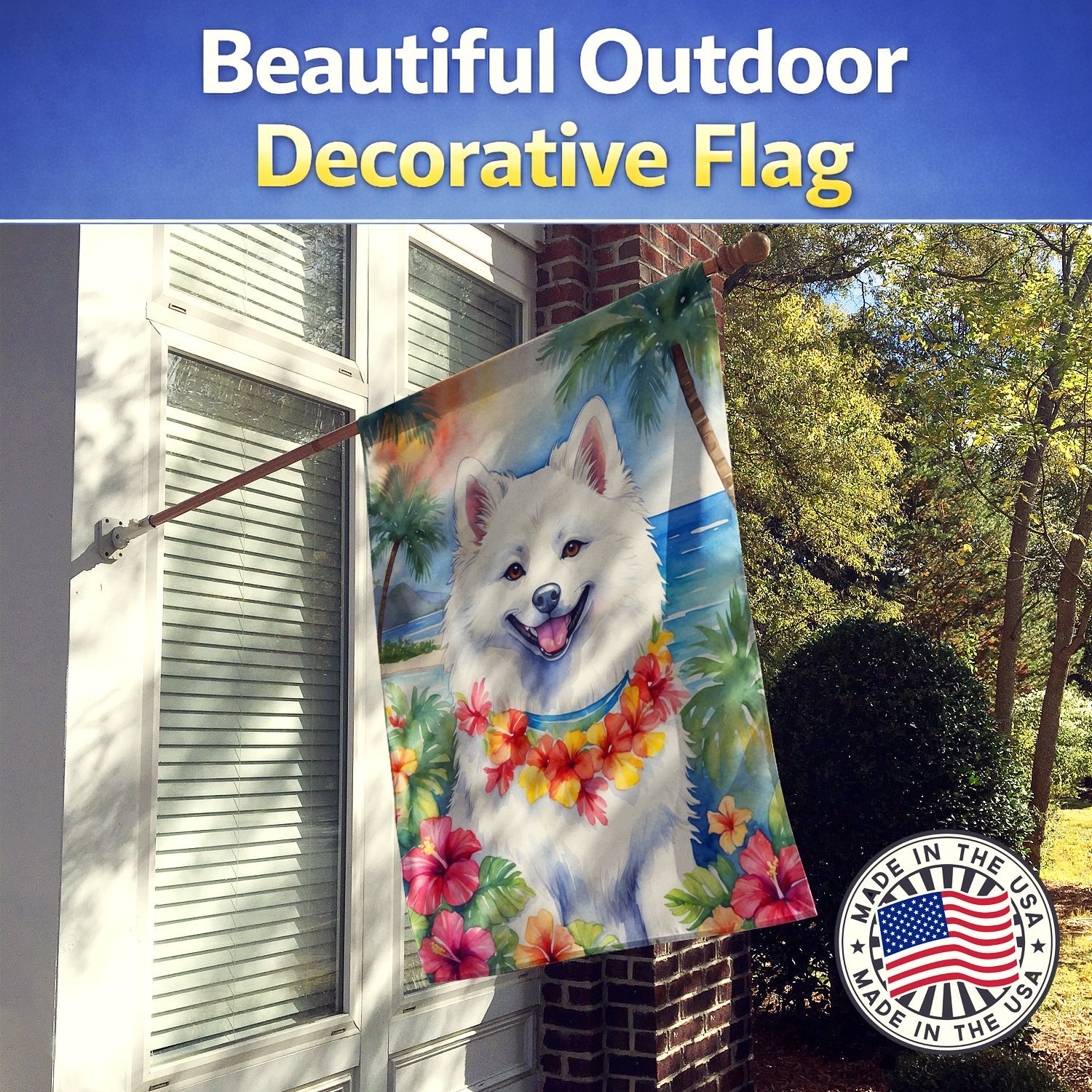 American Eskimo Luau House Flag 28x40 Porch Sleeve Pole Decorative Outside Yard Banner Artwork Wall Hanging, Polyester