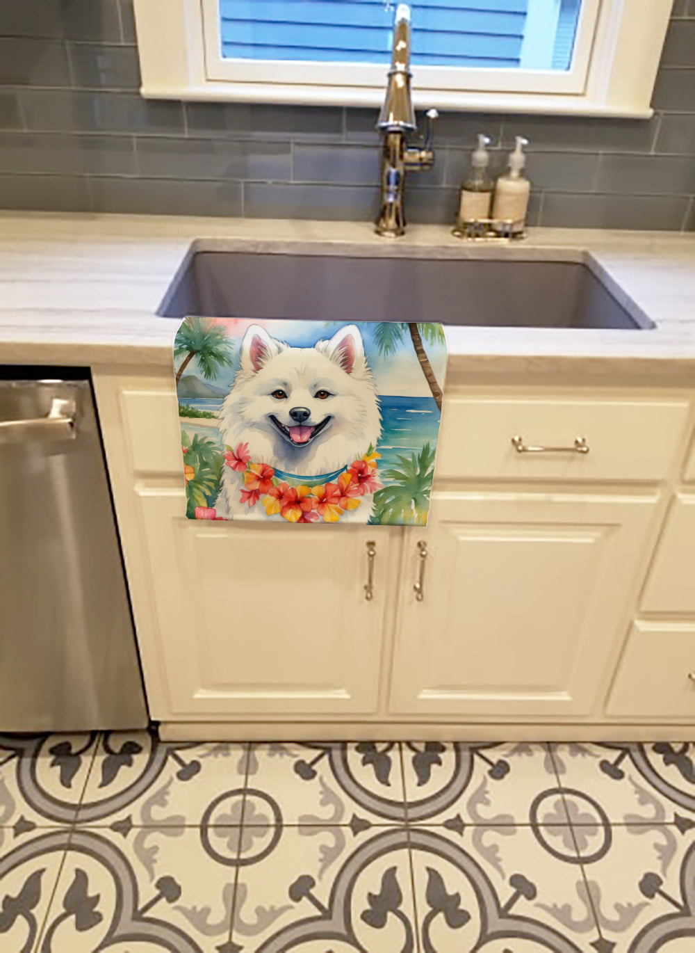 American Eskimo Luau Kitchen Towel Velour Plush Front and Cotton Loop Back Machine Washable