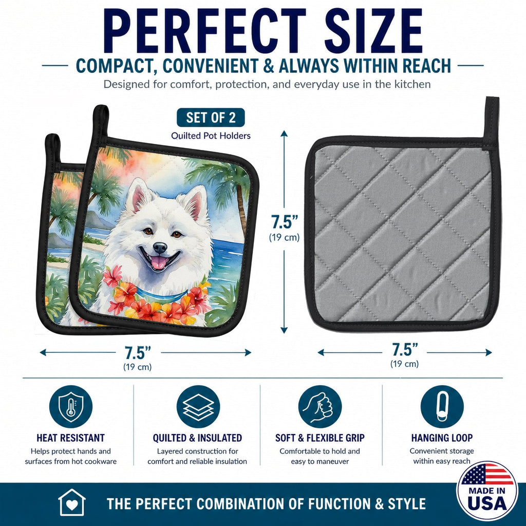 American Eskimo Luau Pot Holder Set of 2 Heat Resistant Quilted Hot Pads 7.5 x 7.5 Inch, Insulated Kitchen Trivets for Cooking & Baking