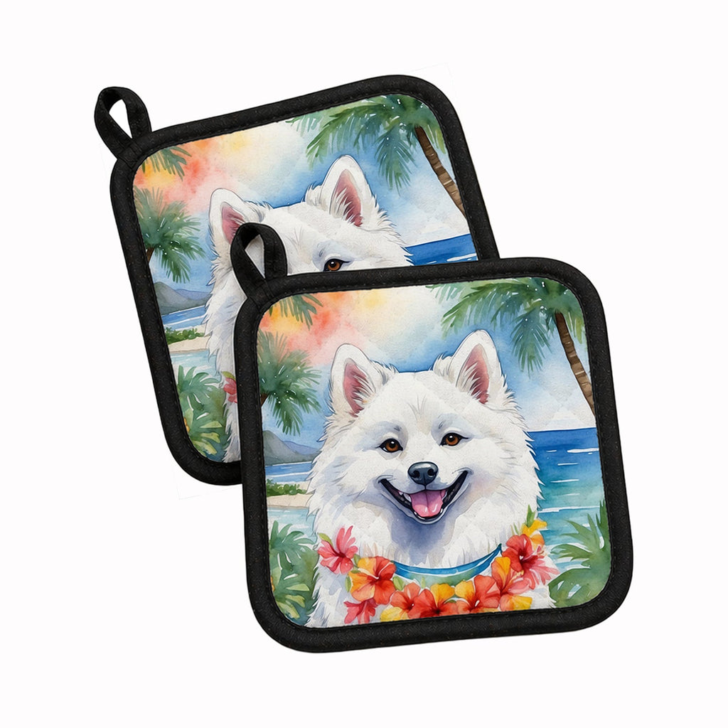 American Eskimo Luau Pot Holder Set of 2 Heat Resistant Quilted Hot Pads 7.5 x 7.5 Inch, Insulated Kitchen Trivets for Cooking & Baking