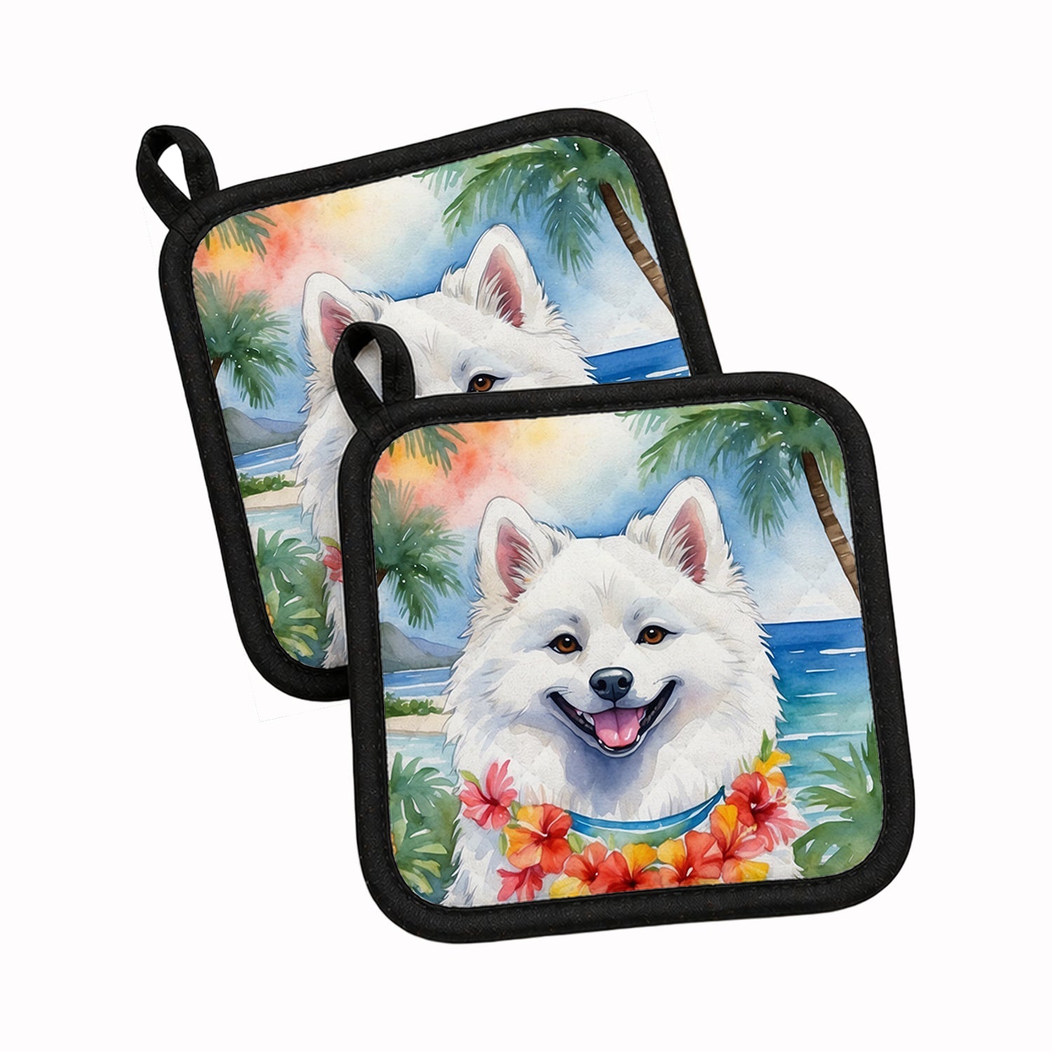American Eskimo Luau Pot Holder Set of 2 Heat Resistant Quilted Hot Pads 7.5 x 7.5 Inch, Insulated Kitchen Trivets for Cooking & Baking