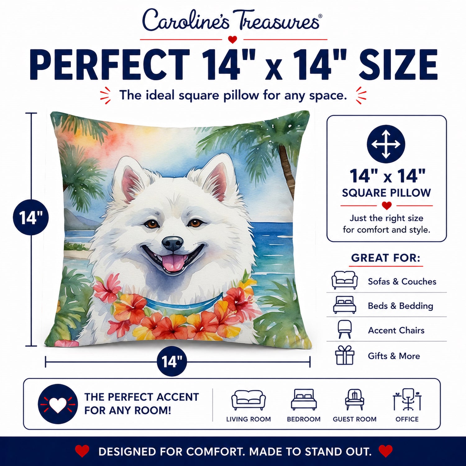 American Eskimo Luau Decorative Throw Pillow 14x14 Indoor Outdoor Accent Cushion, Fabric Cover with Insert for Sofa, Bed, Porch & Living Room