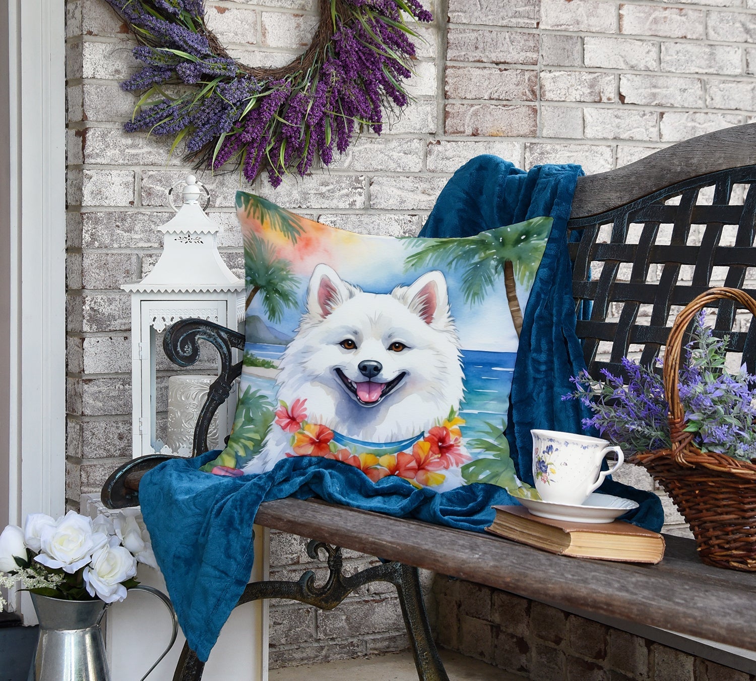 American Eskimo Luau Decorative Throw Pillow 18x18 Indoor Outdoor Accent Cushion, Fabric Cover with Insert for Sofa, Bed, Porch & Living Room