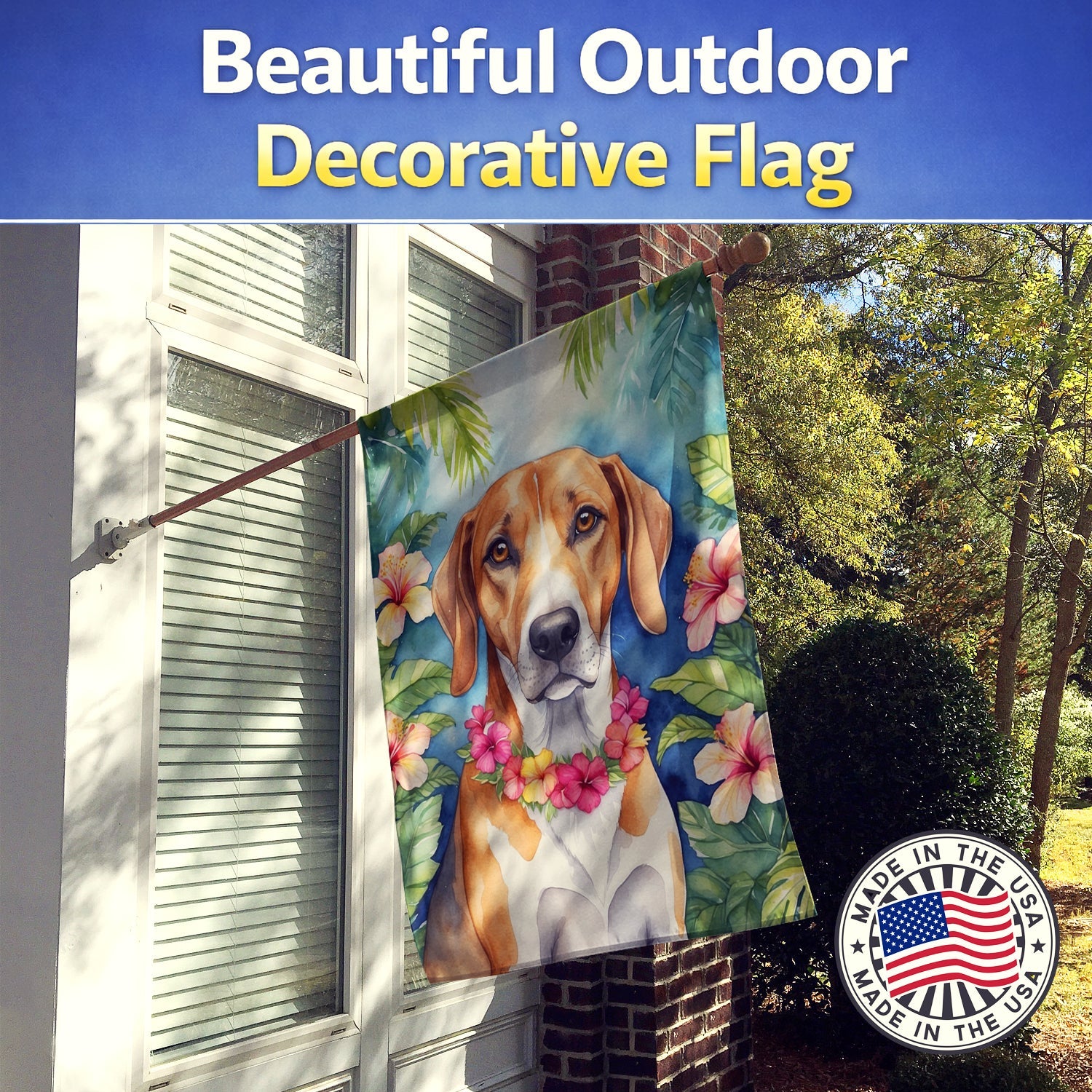 American Foxhound Luau House Flag 28x40 Porch Sleeve Pole Decorative Outside Yard Banner Artwork Wall Hanging, Polyester
