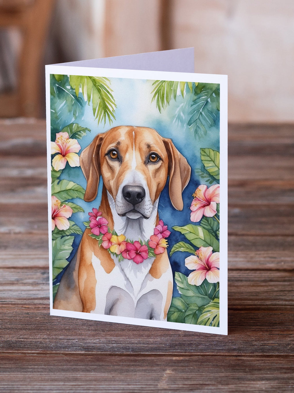 American Foxhound Luau Greeting Cards Pack of 8 Blank Cards with Envelopes Whimsical A7 Size 5x7
