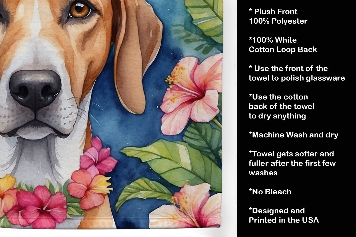 American Foxhound Luau Kitchen Towel Velour Plush Front and Cotton Loop Back Machine Washable