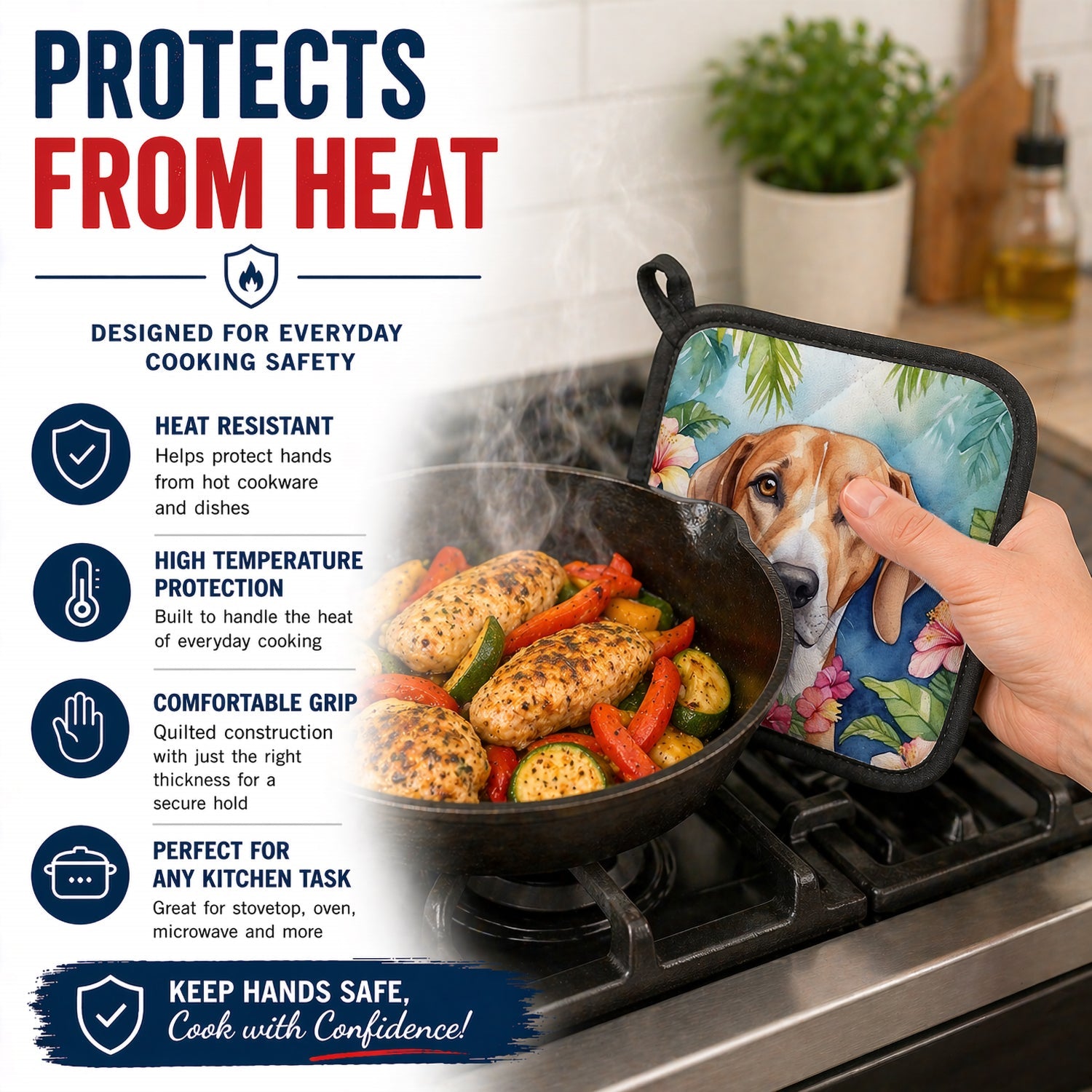 American Foxhound Luau Pot Holder Set of 2 Heat Resistant Quilted Hot Pads 7.5 x 7.5 Inch, Insulated Kitchen Trivets for Cooking & Baking