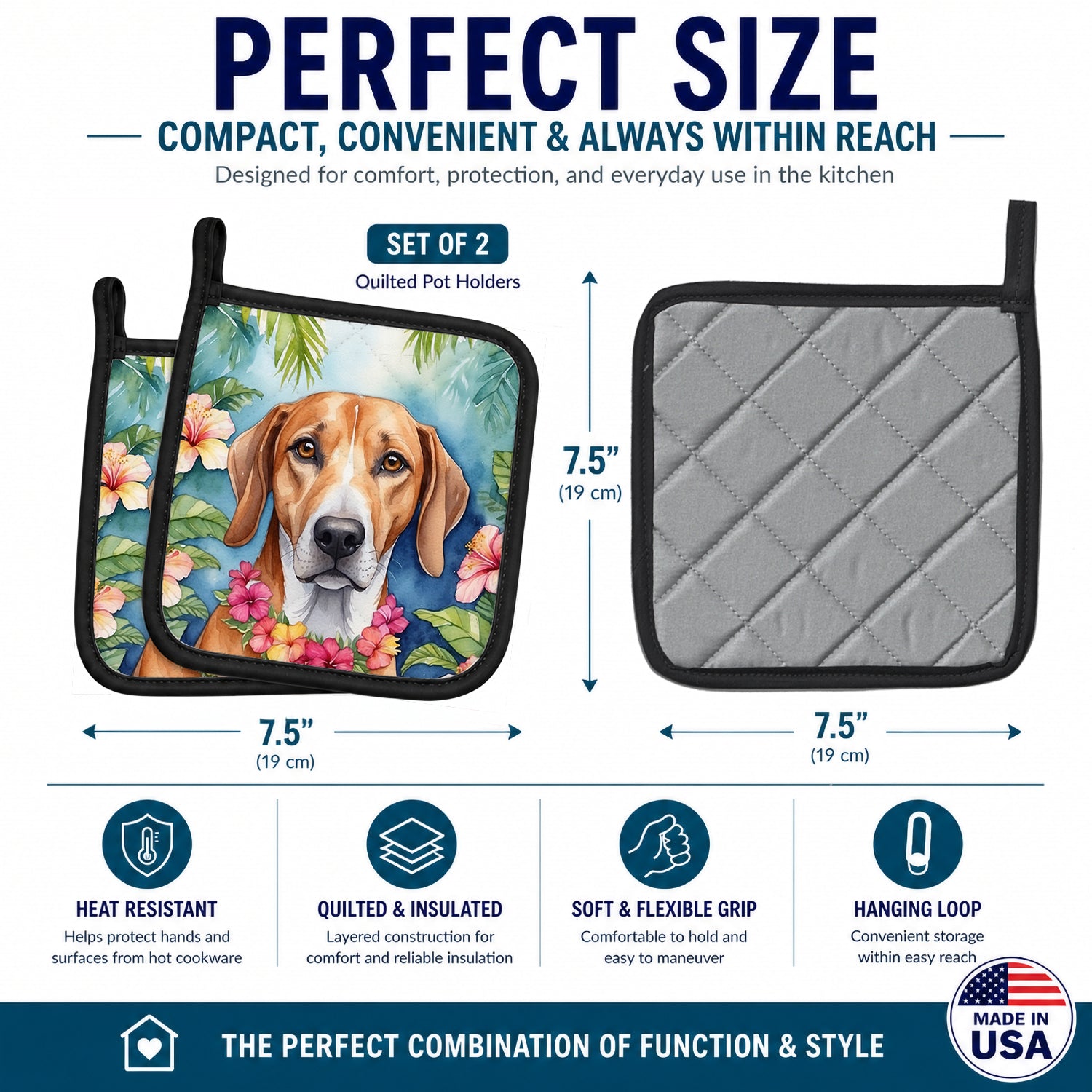 American Foxhound Luau Pot Holder Set of 2 Heat Resistant Quilted Hot Pads 7.5 x 7.5 Inch, Insulated Kitchen Trivets for Cooking & Baking