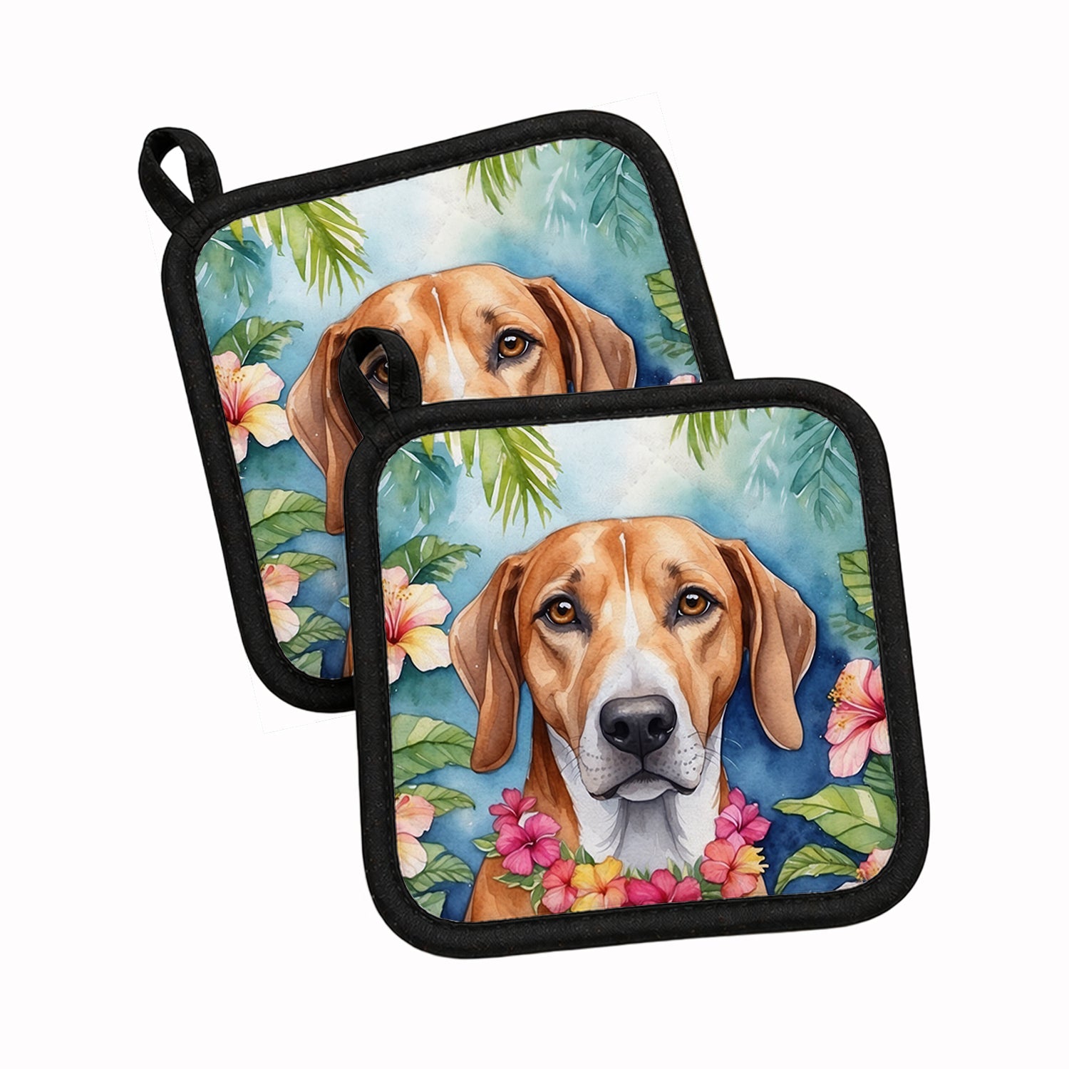 American Foxhound Luau Pot Holder Set of 2 Heat Resistant Quilted Hot Pads 7.5 x 7.5 Inch, Insulated Kitchen Trivets for Cooking & Baking