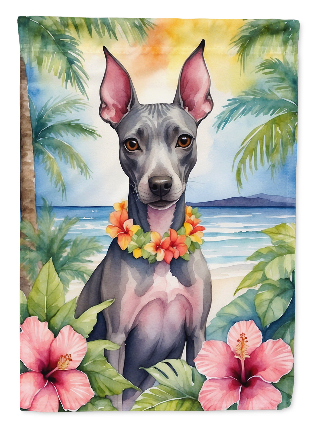 American Hairless Terrier Luau House Flag 28x40 Porch Sleeve Pole Decorative Outside Yard Banner Artwork Wall Hanging, Polyester