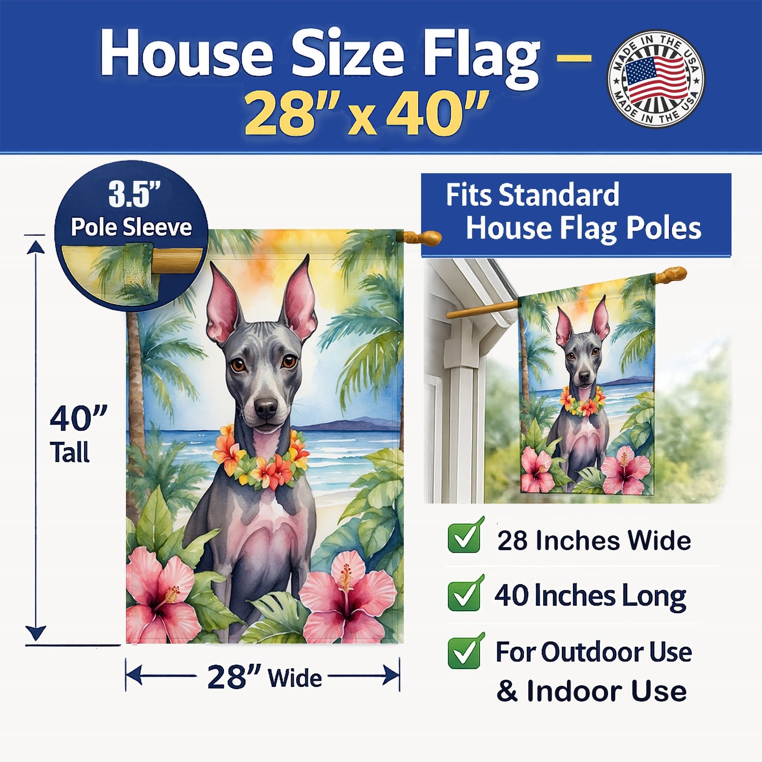 American Hairless Terrier Luau House Flag 28x40 Porch Sleeve Pole Decorative Outside Yard Banner Artwork Wall Hanging, Polyester